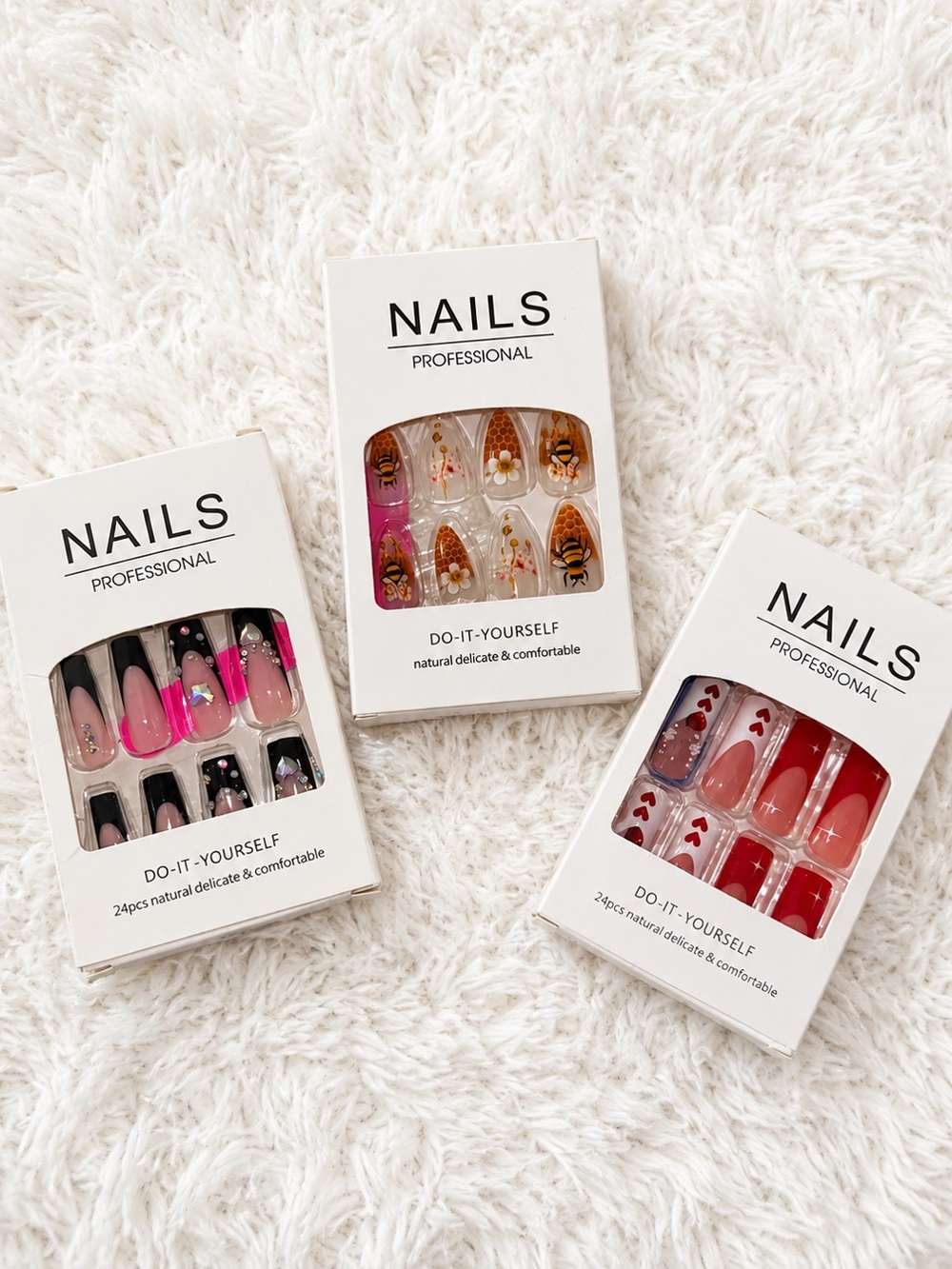 3 New 24pc Press-On Nail Sets Black Pink, Bee & Red Heart Designs rave festival